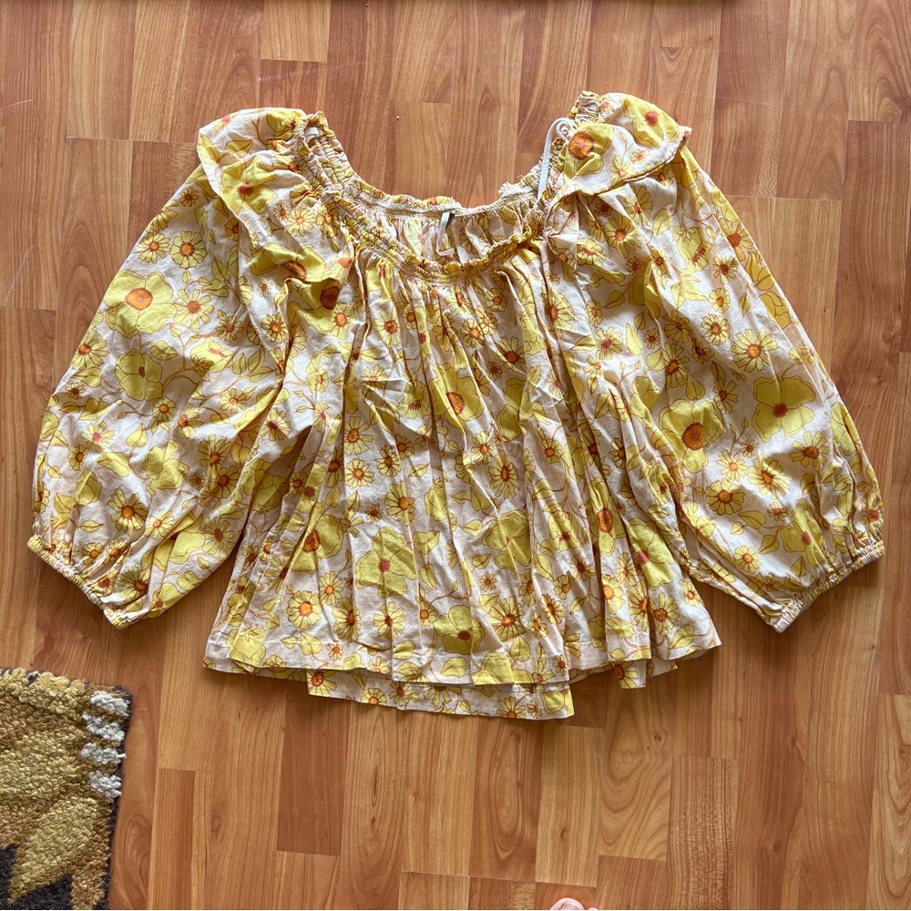 Free People Yellow and White Ruffled Puff Sleeve Blouse